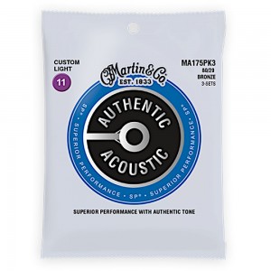 Martin MA175PK3 Authentic Acoustic SP Strings, 80/20 Bronze Custom Light (.011-.052) - 3-Pack